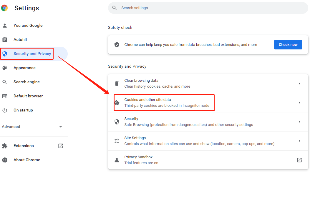 select the Cookies and other site data option