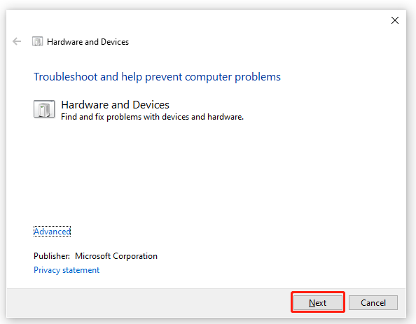 run Hardware and Devices Troubleshooter