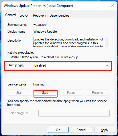 disable Windows Update service