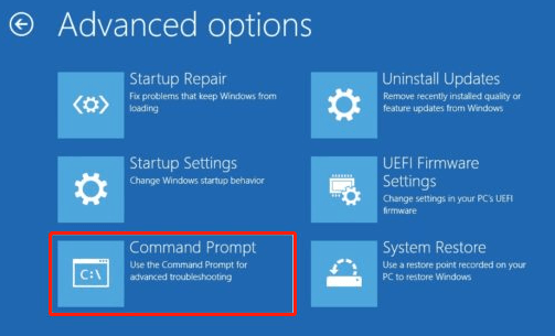 select Command prompt on advanced options