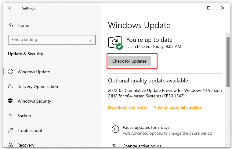 click Check for updates on Windows 10