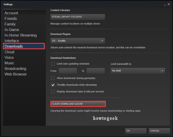 click Clear Download Cache on Steam