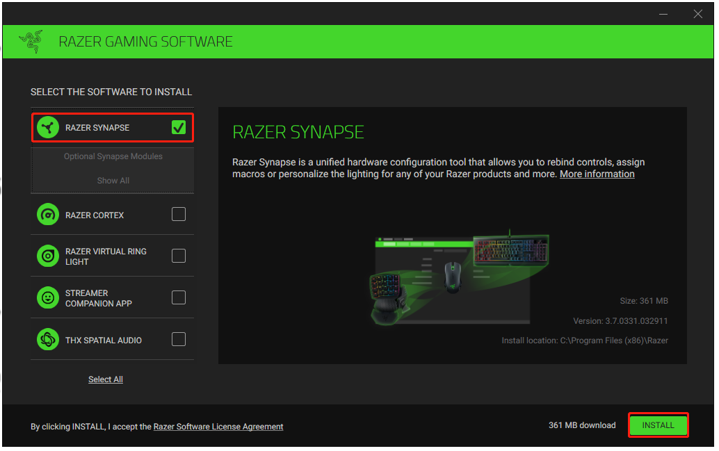 select Razer Synapse and click Install