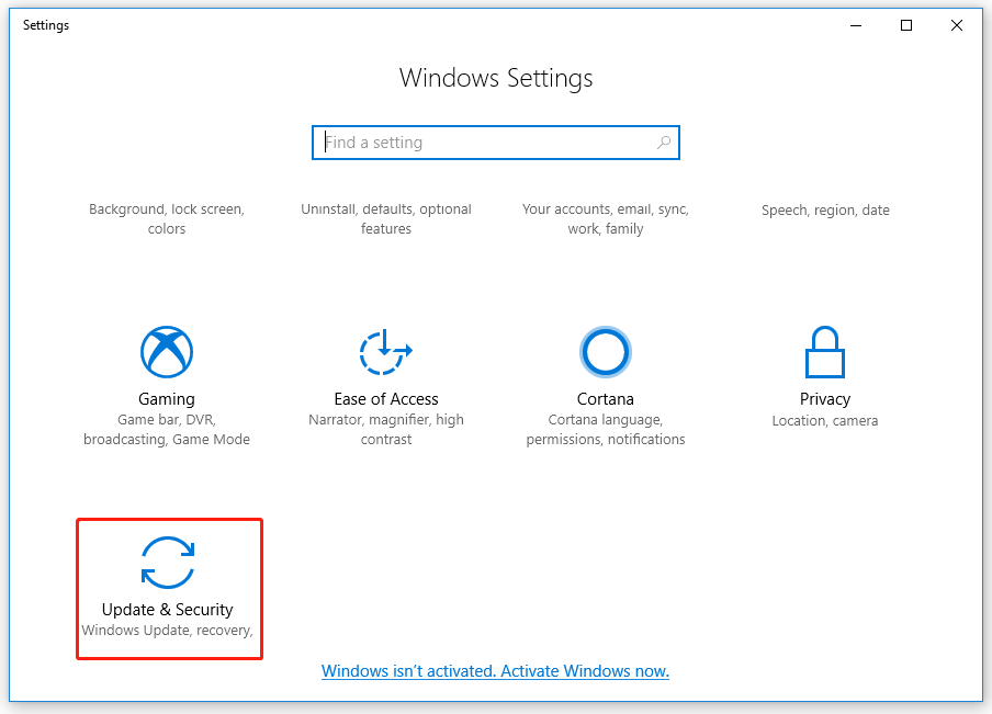 click the option of Update & security