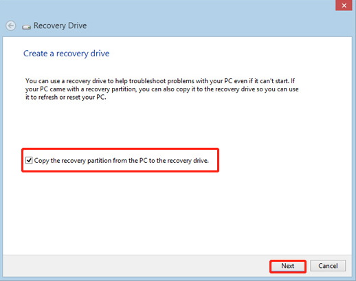 Copy the recovery partition from the PC to the recovery drive