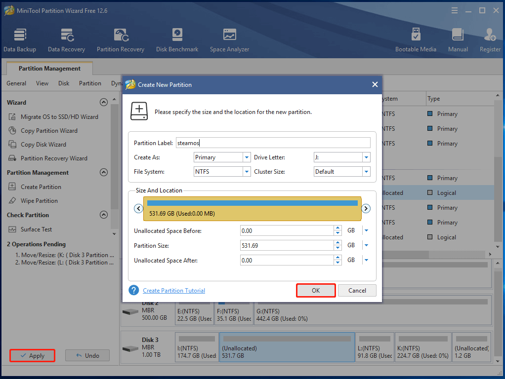 create partition and execute the operation