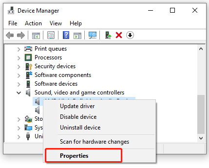 select Properties for the audio driver