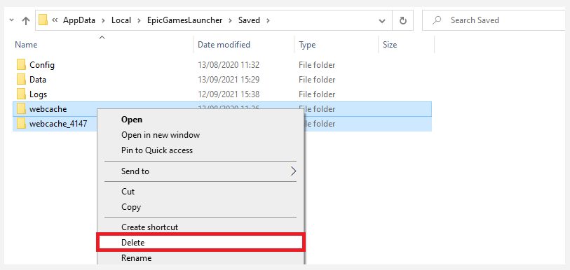 delete the webcache folder