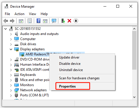 select Properties for display drivers