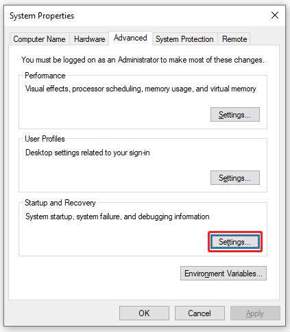 click Settings under Startup and Recovery