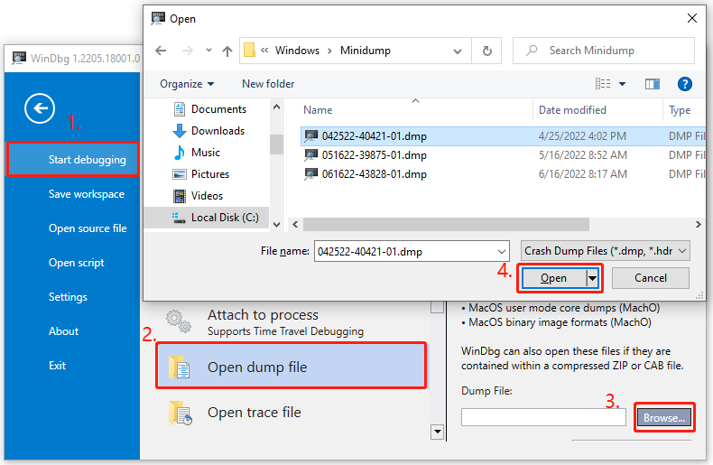 open memory dump file using WinDbg