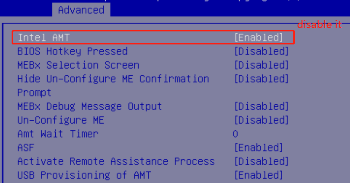 disable Intel AMT to disabled
