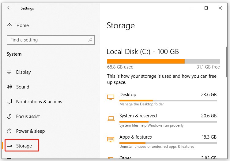check Storage space on Windows 10