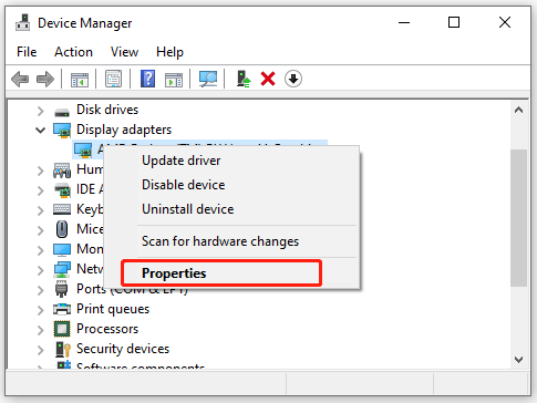 select Properties for the display driver