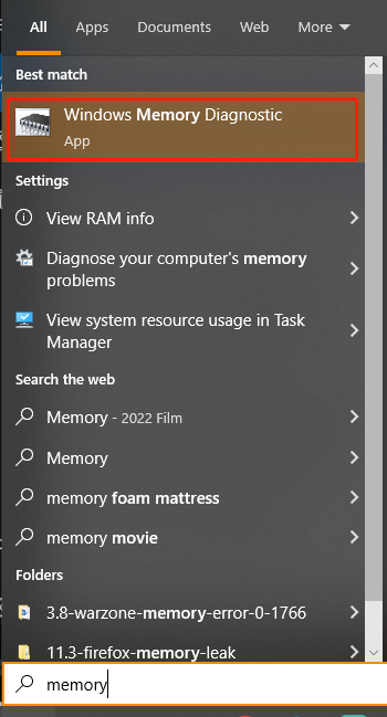 select Windows Memory Diagnostic