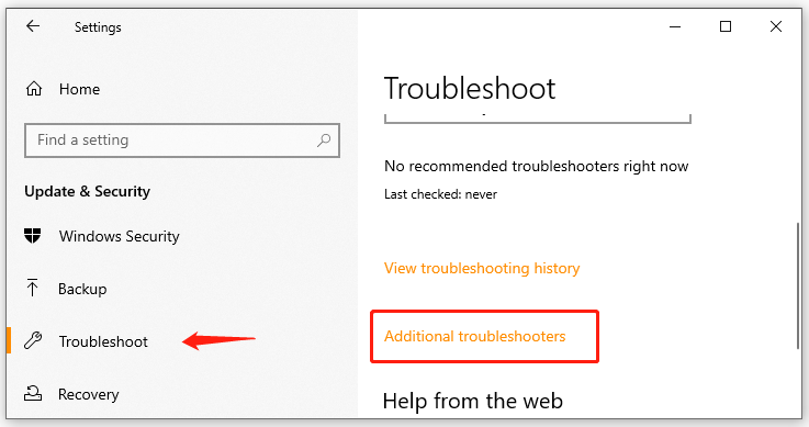 click Additional troubleshooters