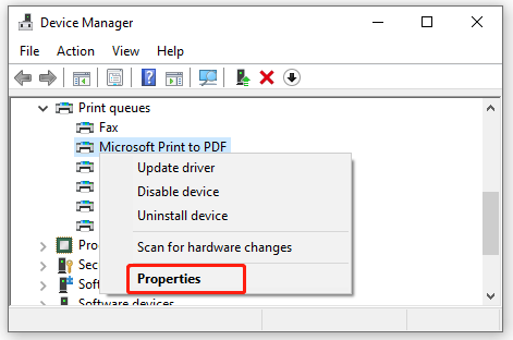 select Properties for the printer driver
