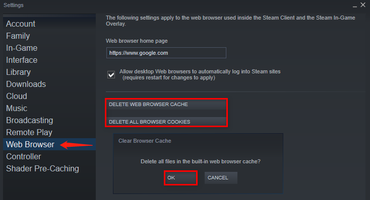 click Delete Web Browser Cache on Steam