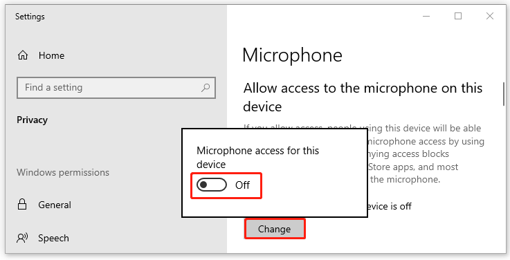 set Microphone access for this device to Off