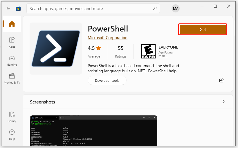 =download PowerShell from Microsoft Store