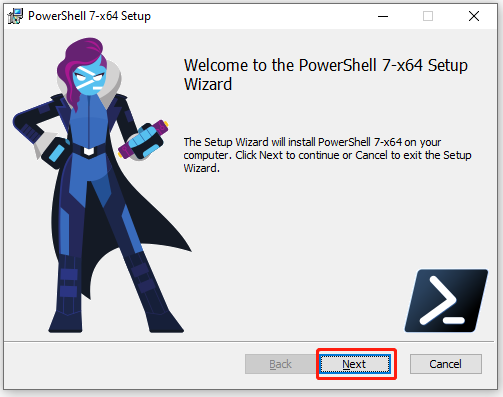 click Next in PowerShell 7 setup wizard