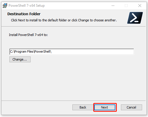 select Destination folder for PowerShell installation