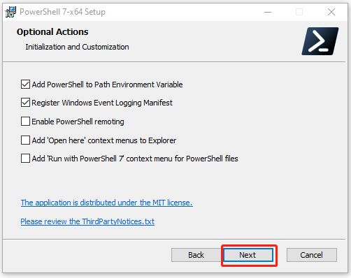 select Optional Actions for PowerShell installation