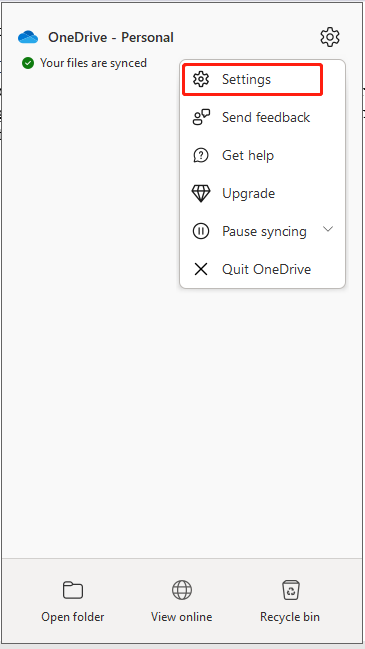 select Setting on OneDrive