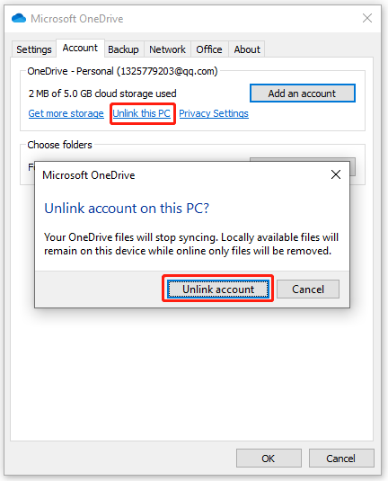 click Unlink this PC on OneDrive