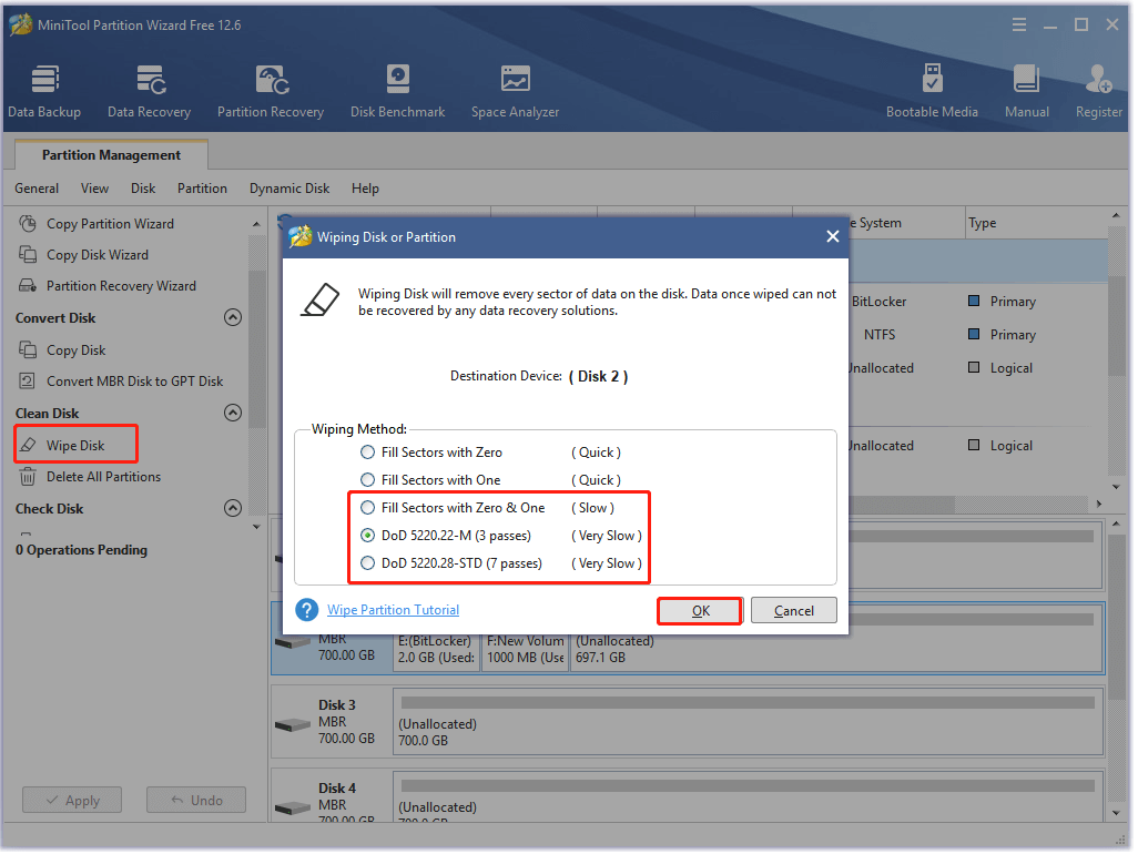 select a way to wipe hard drive on MiniTool Partition Wizard