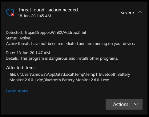 Windows Defender identifies the same threat repeatedly