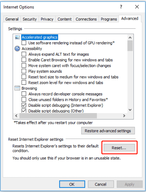 reset Internet Explorer 11 settings