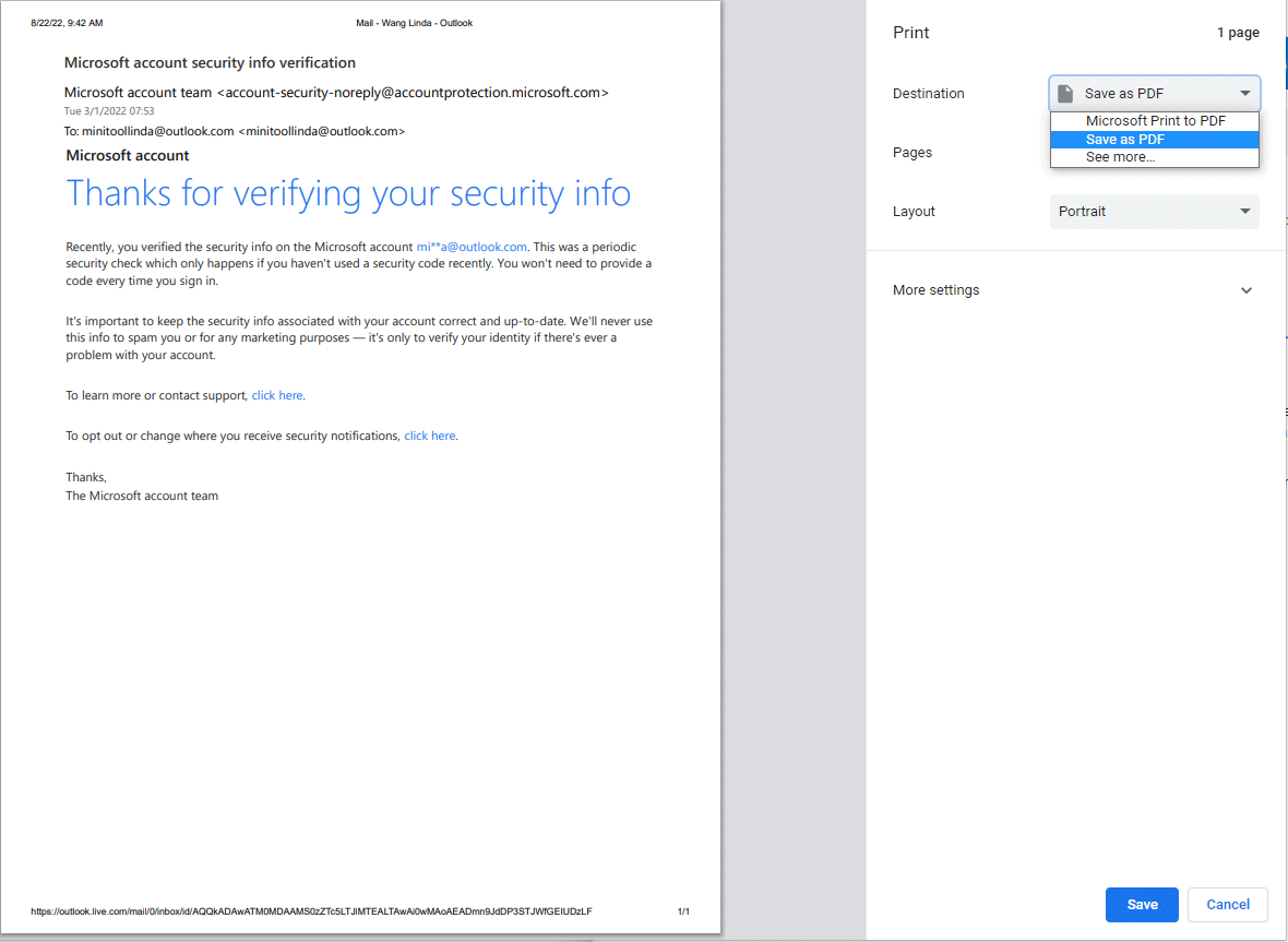 save Outlook email as PDF