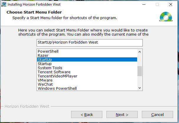 select a start menu folder