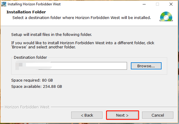 select a location to install Horizon Forbidden West
