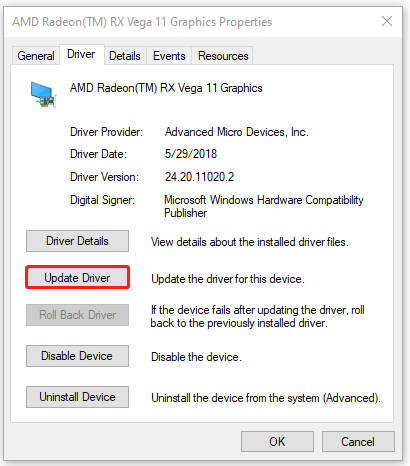 click Update Driver in Properties window