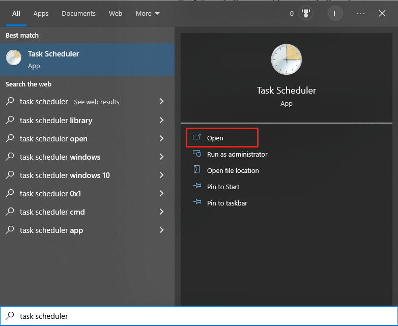 open task scheduler from the search box