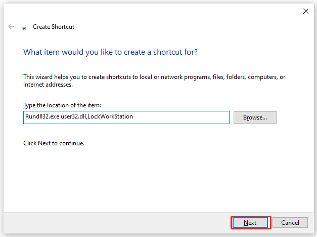 create desktop shortcut to lock computer