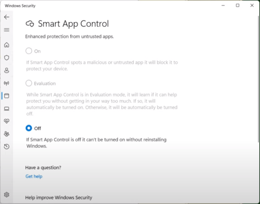 turn on or off Smart App Control