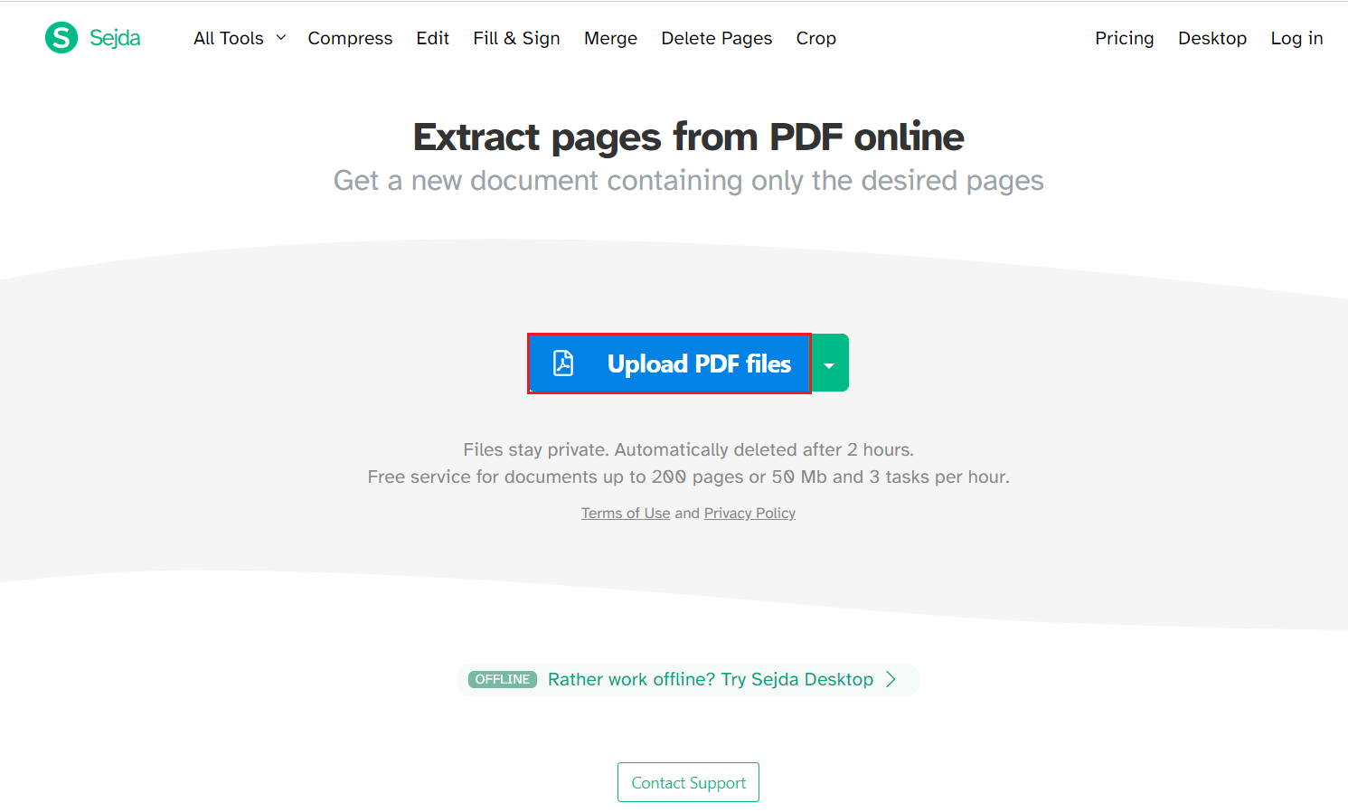 open Sejda PDF extractor web version on the browser