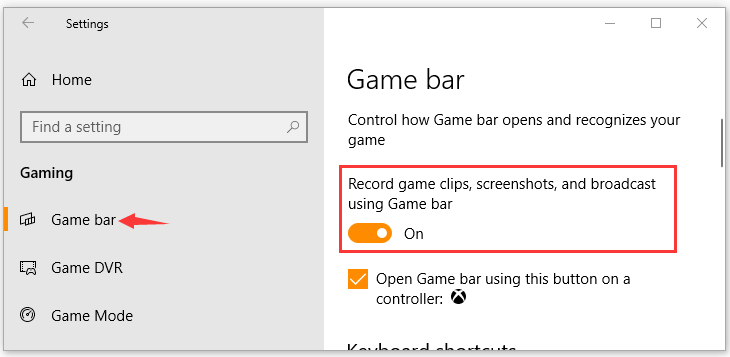 enable Xbox Game Bar on Windows 10