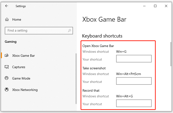 check Xbox Game Bar shortcut in Settings