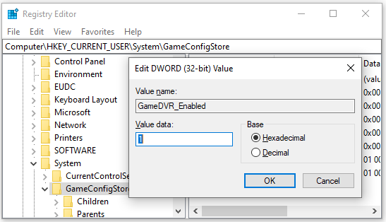 enable GameDVR in Registry Editor