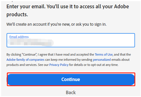enter an email address for Adobe
