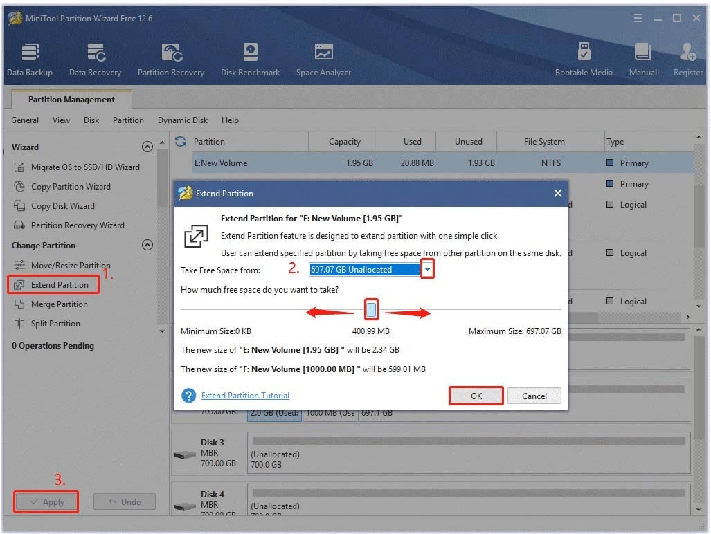 extend partition using the MiniTool software