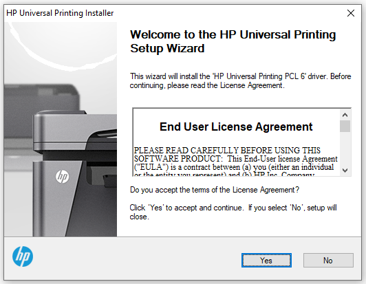 click Yes for the HP printer driver install