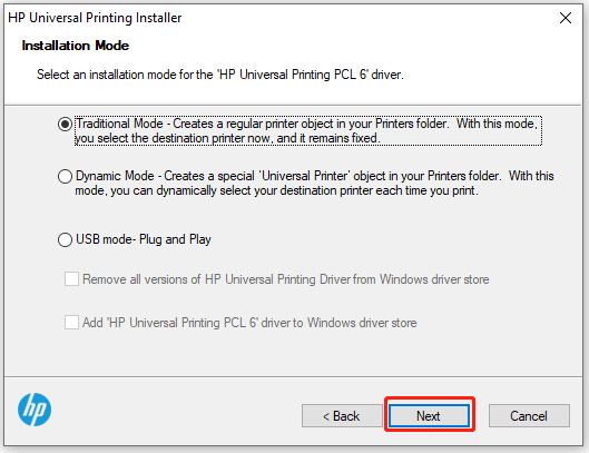 select an installation mode for HP Printer drivers