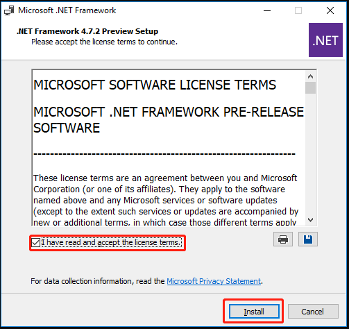 click Install for NET Framework