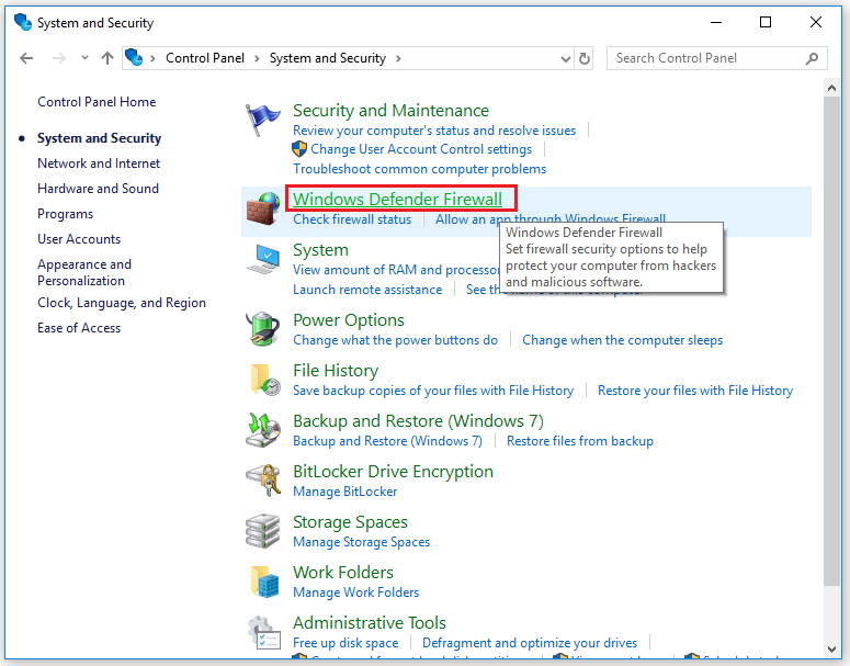click on the Windows Defender Firewall