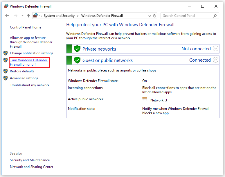 click the Turn Windows Defender Firewall on or off
